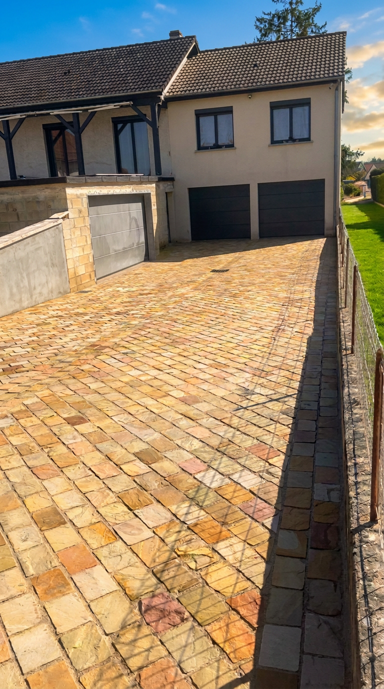 Une cour en pavés de pierre naturelle, durable et facile à vivre — réalisation de l'entreprise Godot